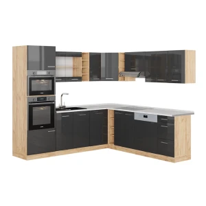 Hjørnekøkken R-Line Antracit højglans/guld power oak 247 x 60 cm , BP Marmor Vicco