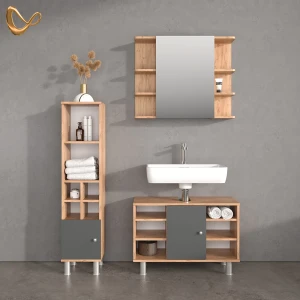 Badmöbel-Set Fucino Goldkraft Eiche 3 Teile, mit Midischrank Tür klein livinity®