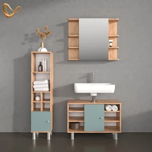 Badmöbel-Set Fucino Grün 3 Teile, mit Midischrank Tür klein livinity®
