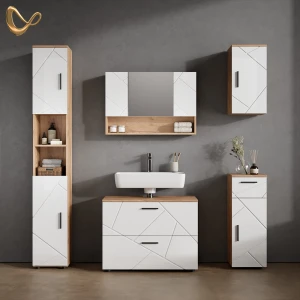 Badmöbel-Set Ronco Weiß Hochglanz/Goldkraft Eiche 5 Teile livinity®