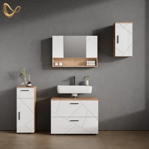 Badmöbel-Set Ronco Weiß Hochglanz/Goldkraft Eiche 4 Teile livinity®