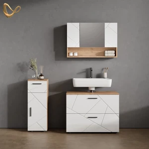 Badmöbel-Set Ronco Weiß Hochglanz/Goldkraft Eiche 3 Teile, mit Schubladenschrank und Midischrank livinity®