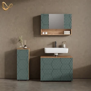Badmöbel-Set Ronco Grün/Goldkraft Eiche 3 Teile, mit Schubladenschrank und Midischrank livinity®