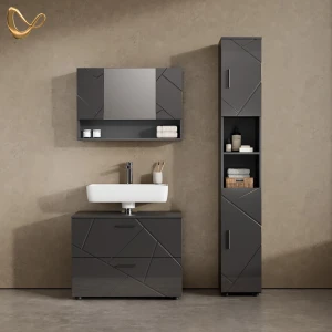 Badmöbel-Set Ronco Anthrazit Hochglanz 3 Teile, mit Spiegelschrank 80 cm livinity®