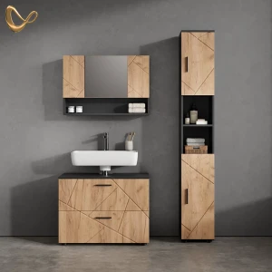 Badmöbel-Set Ronco Goldkraft Eiche/Anthrazit 3 Teile, mit Spiegelschrank 80 cm livinity®