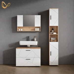 Badmöbel-Set Ronco Weiß Hochglanz/Goldkraft Eiche 3 Teile, mit Spiegelschrank 80 cm livinity®
