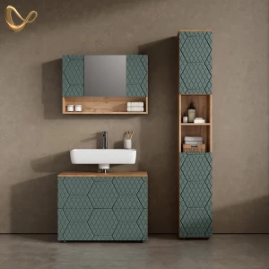Badmöbel-Set Ronco Grün/Goldkraft Eiche 3 Teile, mit Spiegelschrank 80 cm livinity®