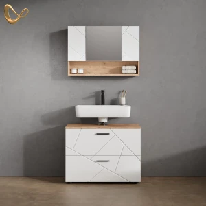 Badmöbel-Set Ronco Weiß Hochglanz/Goldkraft Eiche 2 Teile, Unterschrank 80 cm livinity®