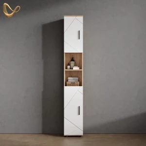 Badschrank Ronco Weiß Hochglanz/Goldkraft Eiche 30 x 192 cm mit Türen, und offenen Fächern livinity®