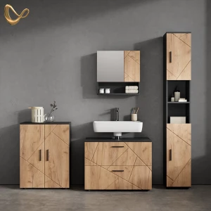 Badmöbel-Set Ronco Goldkraft Eiche/Anthrazit 4 Teile, mit Schubladenschrank und Midischrank livinity®