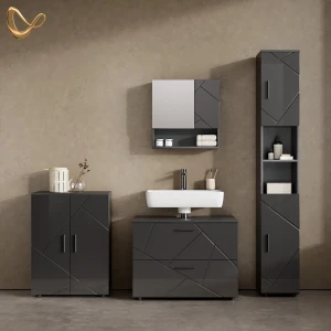 Badmöbel-Set Ronco Anthrazit Hochglanz 4 Teile, mit Schubladenschrank und Midischrank livinity®