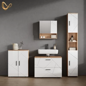 Badmöbel-Set Ronco Weiß Hochglanz/Goldkraft Eiche 4 Teile, mit Schubladenschrank und Midischrank livinity®