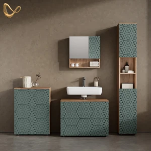 Badmöbel-Set Ronco Grün/Goldkraft Eiche 4 Teile, mit Schubladenschrank und Midischrank livinity®