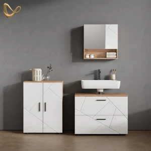 Badmöbel-Set Ronco Weiß Hochglanz/Goldkraft Eiche 3 Teile, mit Unterschrank 80 cm livinity®