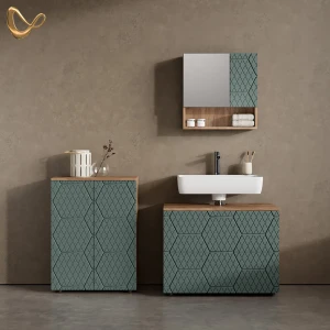 Badmöbel-Set Ronco Grün/Goldkraft Eiche 3 Teile, mit Unterschrank 80 cm livinity®
