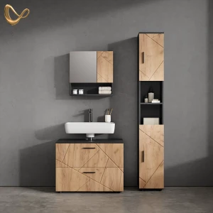 Badmöbel-Set Ronco Goldkraft Eiche/Anthrazit 3 Teile, mit Schubladenschrank und Hochschrank livinity®