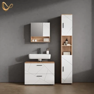 Badmöbel-Set Ronco Weiß Hochglanz/Goldkraft Eiche 3 Teile, mit Schubladenschrank und Hochschrank livinity®