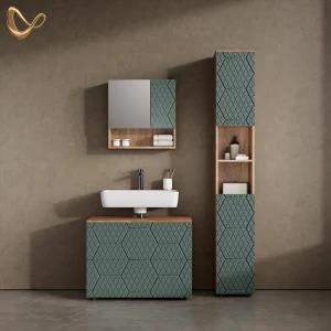 Badmöbel-Set Ronco Grün/Goldkraft Eiche 3 Teile, mit Schubladenschrank und Hochschrank livinity®
