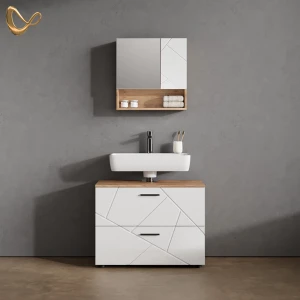 Badmöbel-Set Ronco Weiß Hochglanz/Goldkraft Eiche 2 Teile livinity®