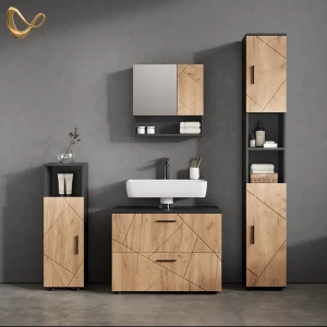 Badmöbel-Set Ronco Goldkraft Eiche/Anthrazit 4 Teile, mit Schubladenschrank und Hochschrank livinity®