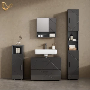 Badmöbel-Set Ronco Anthrazit Hochglanz 4 Teile, mit Schubladenschrank und Hochschrank livinity®