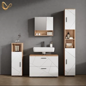 Badmöbel-Set Ronco Weiß Hochglanz/Goldkraft Eiche 4 Teile, mit Schubladenschrank und Hochschrank livinity®