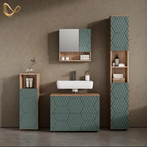 Badmöbel-Set Ronco Grün/Goldkraft Eiche 4 Teile, mit Schubladenschrank und Hochschrank livinity®