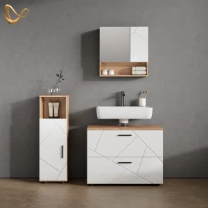 Badmöbel-Set Ronco Weiß Hochglanz/Goldkraft Eiche 3 Teile, mit Midischrank livinity®