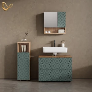 Badmöbel-Set Ronco Grün/Goldkraft Eiche 3 Teile, mit Midischrank livinity®