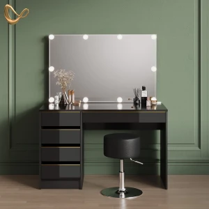 Schminktisch Imola Schwarz/Gold mit LED Beleuchtung und Hocker livinity®