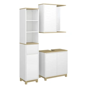 Meubles bain Livia blanc/chêne 3 pièces, avec armoire haute Vicco