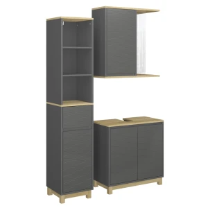 Badmöbel-Set Livia Anthrazit/Eiche 3 Teile, mit Hochschrank Vicco