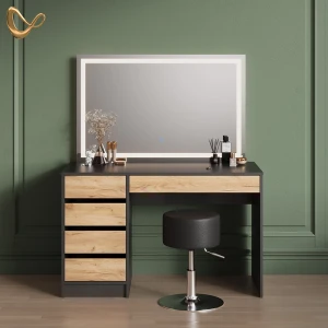 Schminktisch Imola Anthrazit/Goldkraft Eiche mit LED-Spiegel und Hocker livinity®