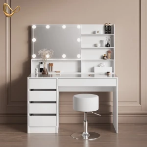 Schminktisch Imola Weiß mit LED Beleuchtung, Hocker und Spiegelregal livinity®