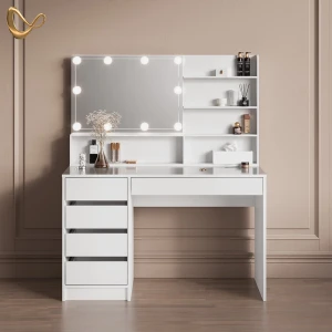 Schminktisch Imola Weiß 145 cm mit LED Beleuchtung, und Spiegelregal livinity®