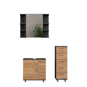 Meubles bain Ilias Anthracite/chêne doré 3 parties, avec coffret midi Vicco