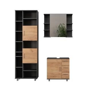 Badkamermeubelset Ilias Antraciet/gouden eik 3 delen, met badkamermeubel 190 cm Vicco