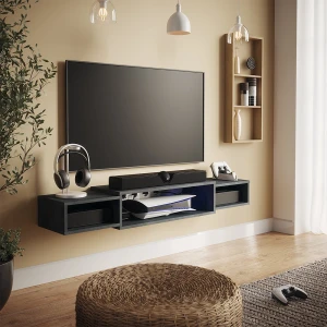 TV-Schrank Nordic Schwarz Beton 139.7 x 20.3 cm mit offenen Regalen livinity®