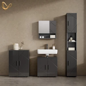 Badmöbel-Set Ronco Anthrazit Hochglanz 4 Teile, mit Hochschrank und Kommode livinity®