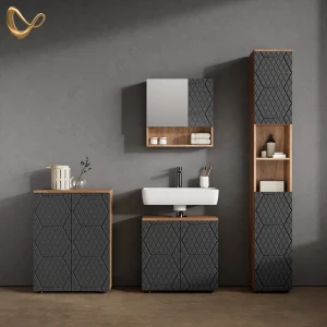 Badmöbel-Set Ronco Anthrazit mit Wabenstruktur 4 Teile, mit Hochschrank und Kommode livinity®