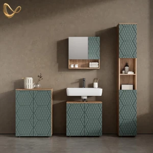 Badmöbel-Set Ronco Grün/Goldkraft Eiche 4 Teile, mit Hochschrank und Kommode livinity®