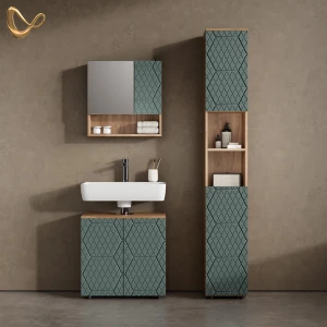 Badmöbel-Set Ronco Grün/Goldkraft Eiche 3 Teile, mit Hochschrank livinity®