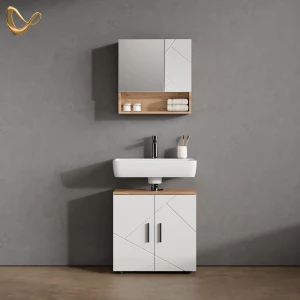 Badmöbel-Set Ronco Weiß Hochglanz/Goldkraft Eiche 2 Teile, Unterschrank 60 cm livinity®