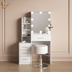 Schminktisch Loreta Weiß mit LED Beleuchtung und Hocker livinity®
