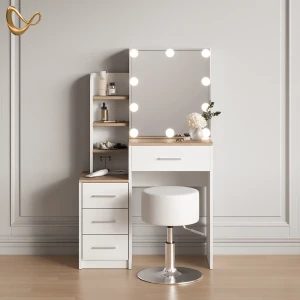 Schminktisch Loreta Weiß/Sonoma mit LED Beleuchtung und Hocker livinity®