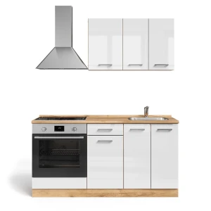Singlekøkken R-Line Hvid højglans/guld power oak 160 cm med ovnskab og vask uden BP Vicco