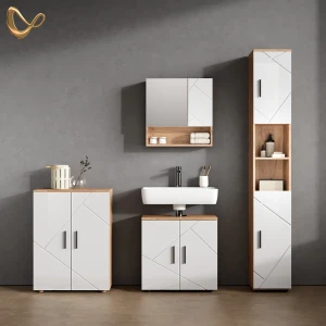Badmöbel-Set Ronco Weiß Hochglanz/Goldkraft Eiche 4 Teile, mit Hochschrank und Kommode livinity®