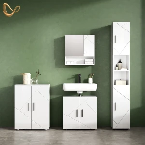 Badmöbel-Set Ronco Weiß Hochglanz 4 Teile, mit Hochschrank und Kommode livinity®