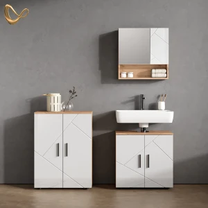 Badmöbel-Set Ronco Weiß Hochglanz/Goldkraft Eiche 3 Teile, mit Unterschrank 60 cm livinity®
