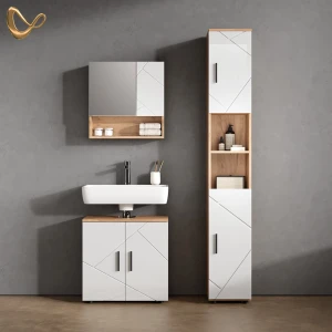 Badmöbel-Set Ronco Weiß Hochglanz/Goldkraft Eiche 3 Teile, mit Hochschrank livinity®